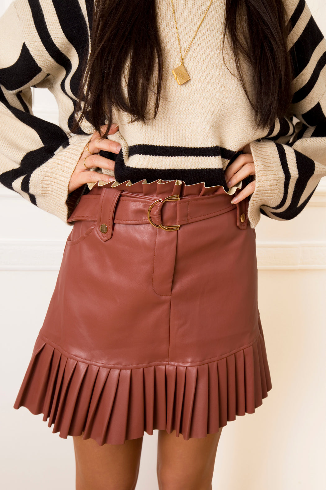 Zara Pleated Brown Faux Leather Skirt Zara Zara Brown Faux Leather