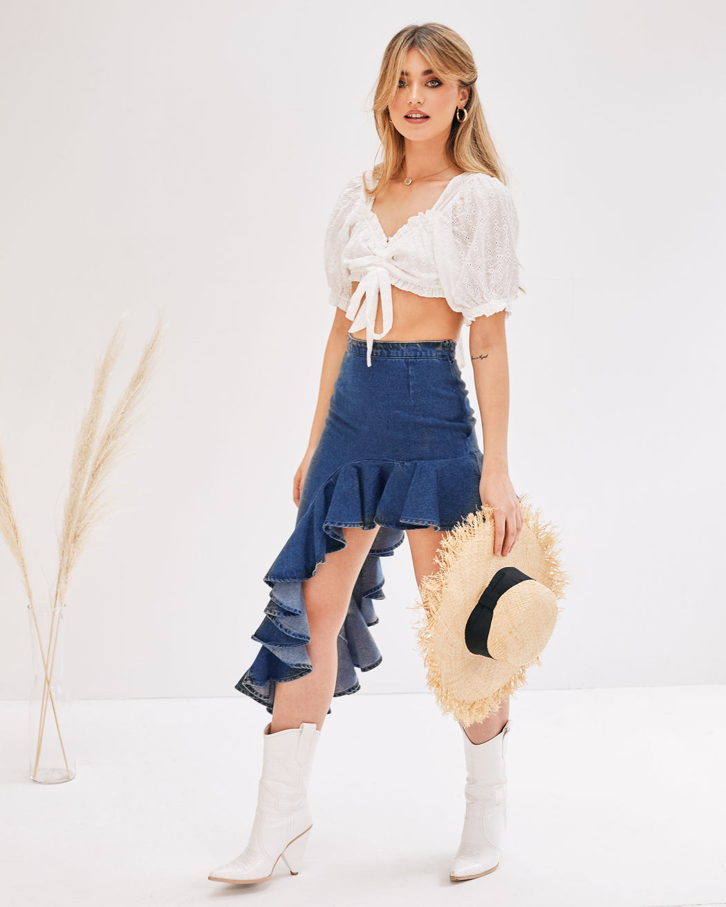 Cleo Denim Ruffle High Waisted Skirt - Main Image
